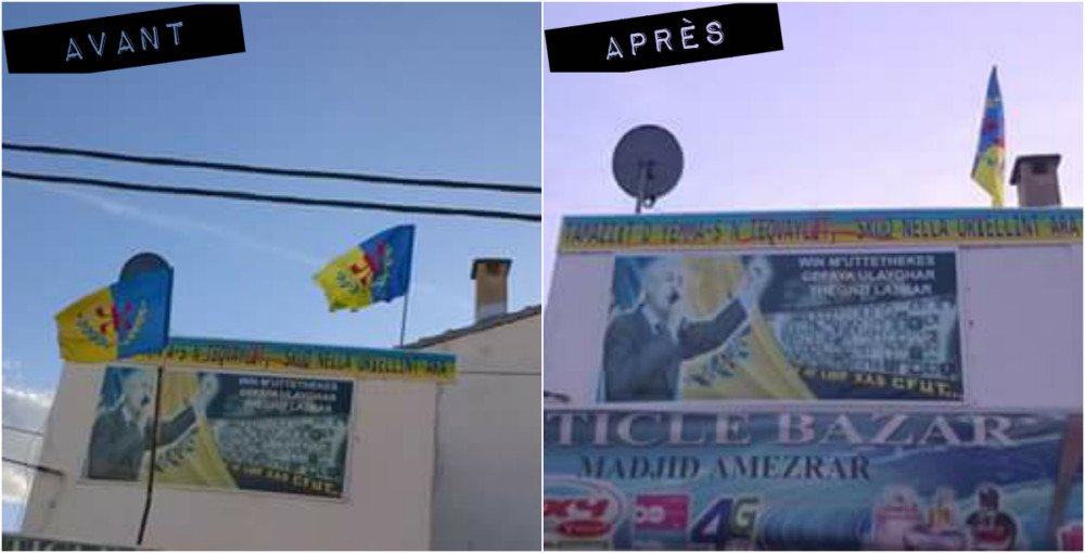 Les gendarmes coloniaux algériens arrachent l’un des deux drapeaux kabyles flottant à Saharidj