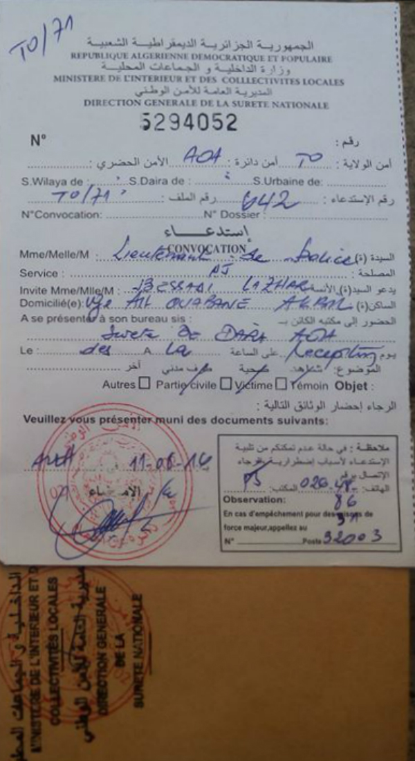 Alerte : Lazhar Bessadi de nouveau convoqué par la sûreté de l'Etat algérien
