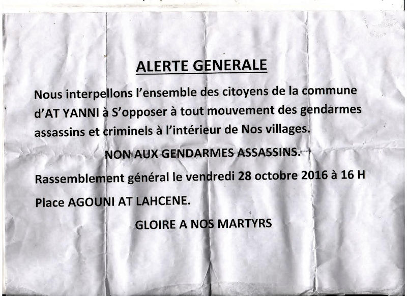 La gendarmerie algérienne circule dans les villages d'At Yenni et convoque deux militants souverainistes