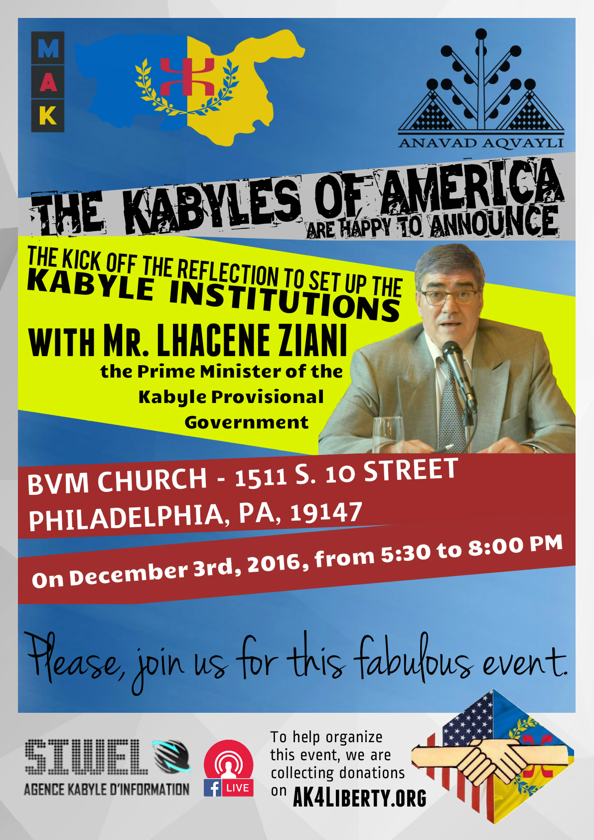 Parlement kabyle : Le PM Lhacène Ziani à Philadelphie le 3 décembre