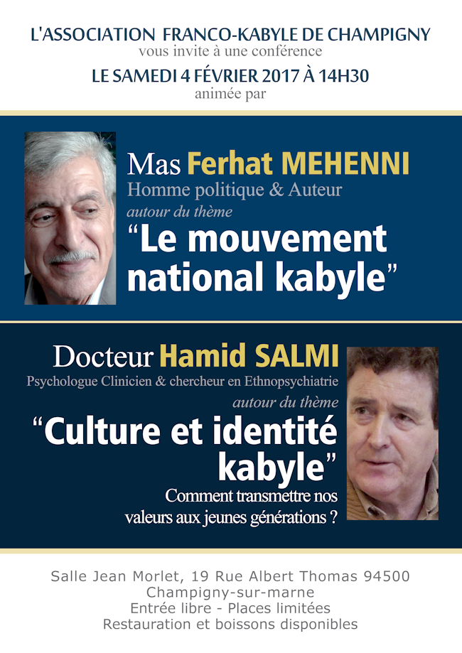 Agenda : Conférence du Dr Hamid Salmi et de Mas Ferhat Mehenni à Champigny-sur-Marne le 04 février