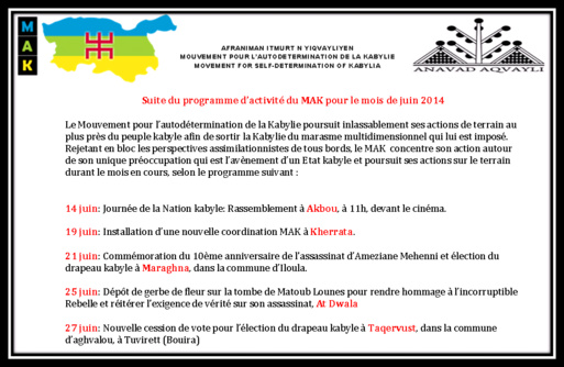Programme d'activité du MAK : Le Mouvement kabyle poursuit inlassablement ses actions de terrain pour l'avènement d'un Etat kabyle