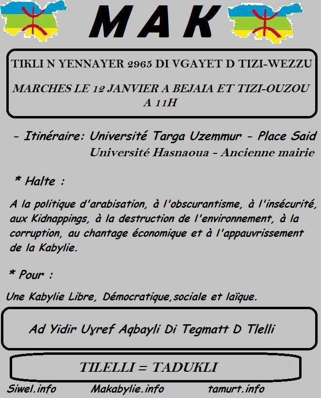 Yennayer 2965 /12 janvier 2015 : le peuple kabyle marchera à Vgayet et Tizi-Wezzu