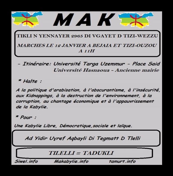 Yennayer 2965 / Le MAK appelle le peuple kabyle à marcher ce 12 Janvier à Tizi-Ouzou et Vgayet