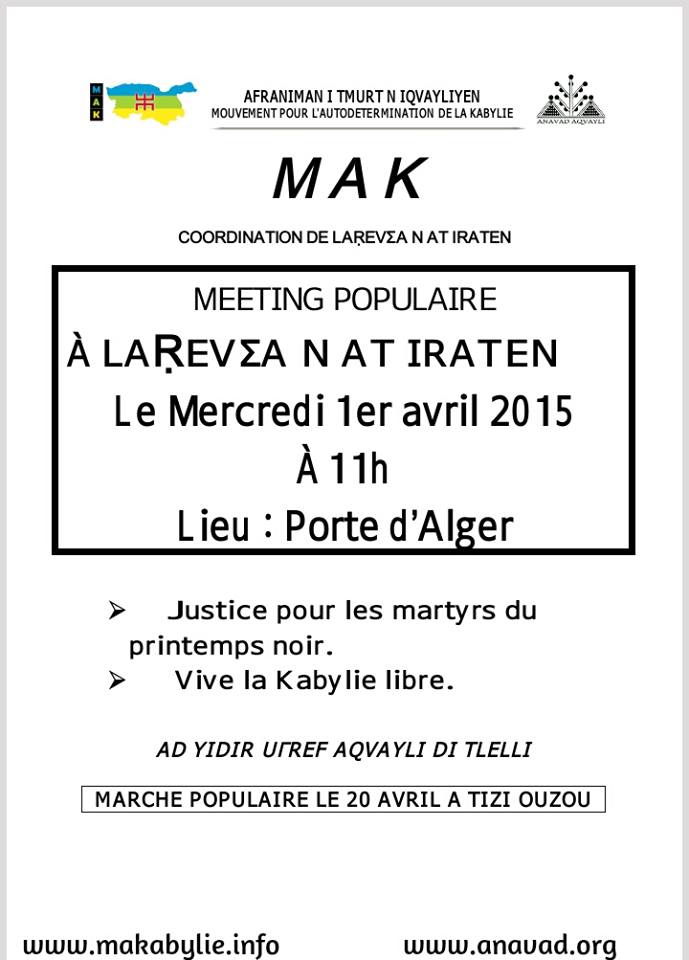 MAK/ meeting à Larevâa n At Iraten mercredi 1er avril 2015 à 11h