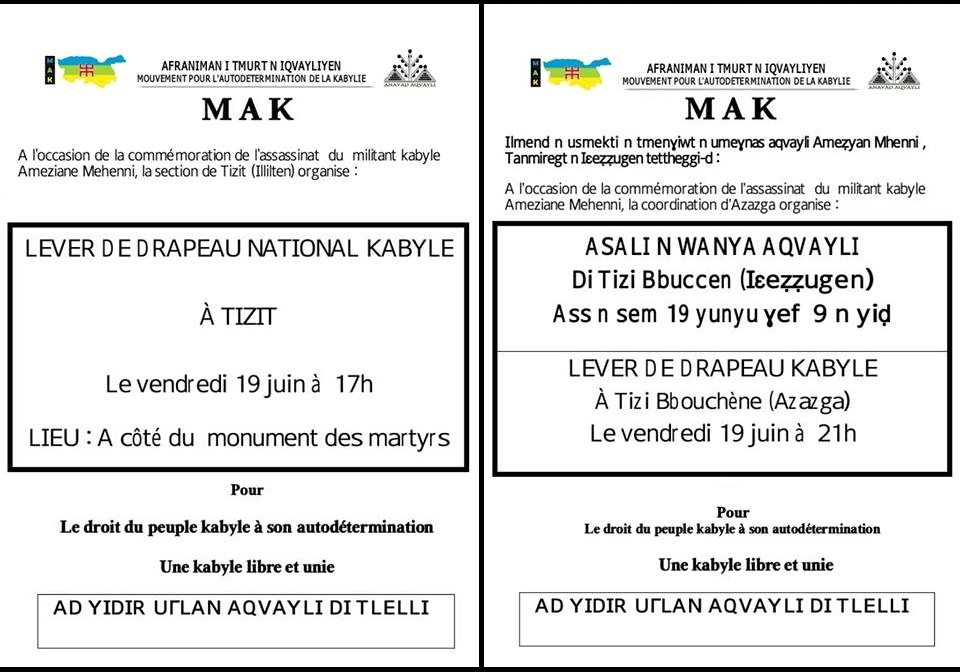 En hommage au militant kabyle Ameziane Mehenni: Lever de drapeau National Kabyle à Tizit et Tizi Bbuccen le 19 juin