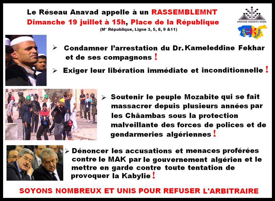 Réseau Anavad / Appel à un rassemblement Dimanche 19 juillet à 15h, Place de la République pour exiger la libération de Kameleddine Fekhar et dénoncer les menaces proférées contre le MAK