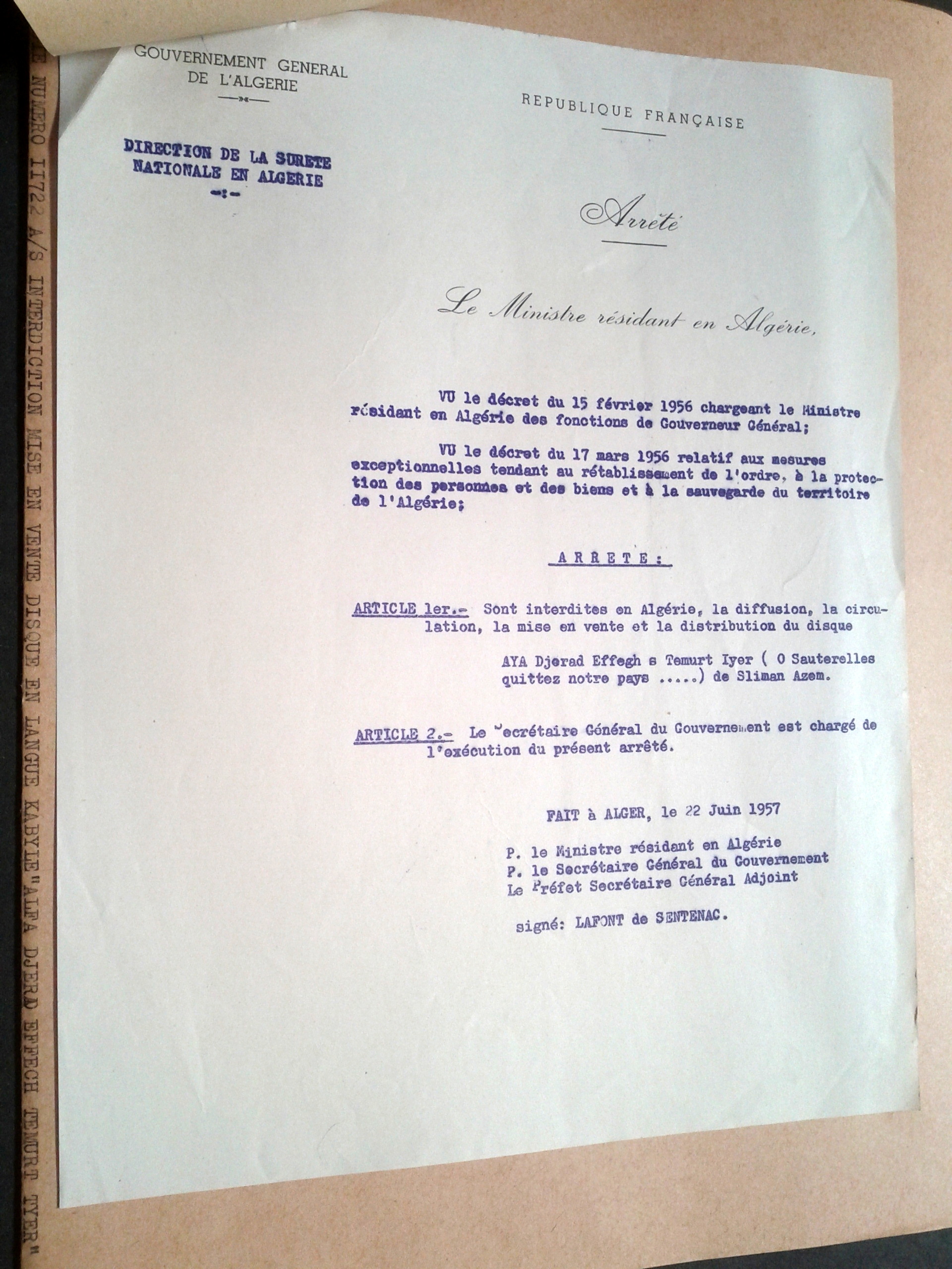 Slimane Azem censuré par la France en 1957