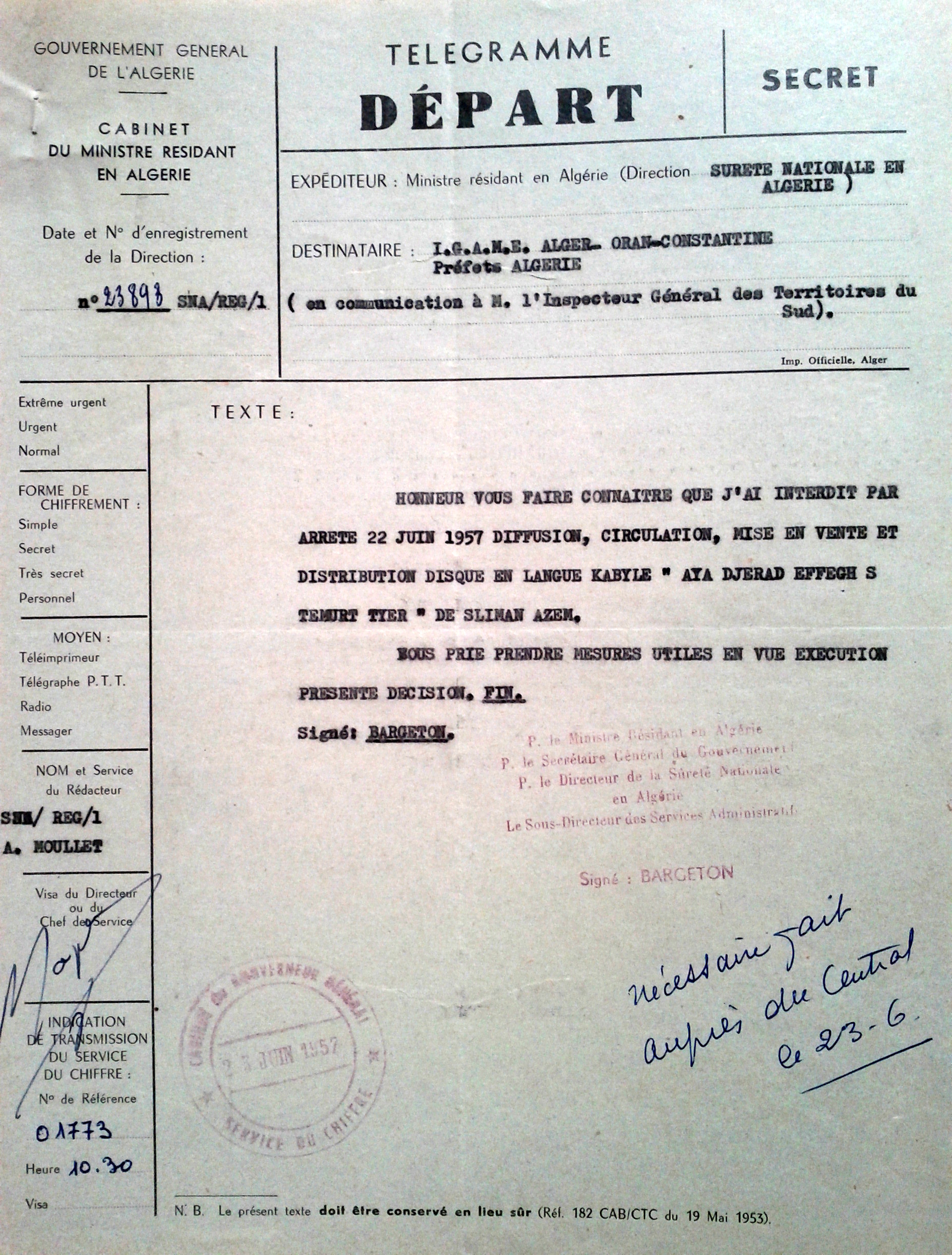 Slimane Azem censuré par la France en 1957 Slimane Azem censuré par la France en 1957