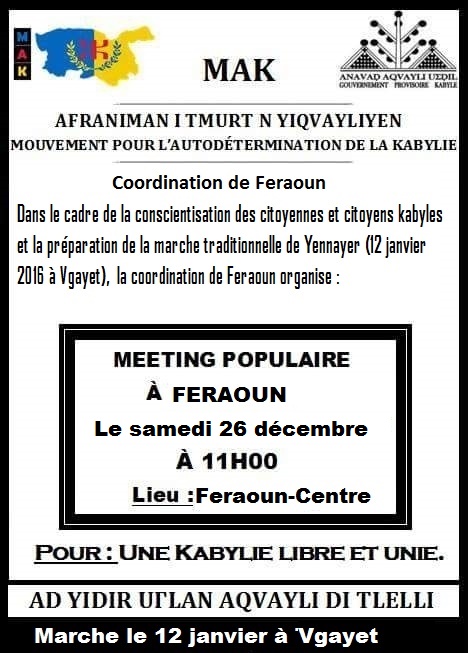 Préparation de la Marche de Yennayer 2966: Le MAK anime un meeting populaire à Feraoun le samedi 26 décembre