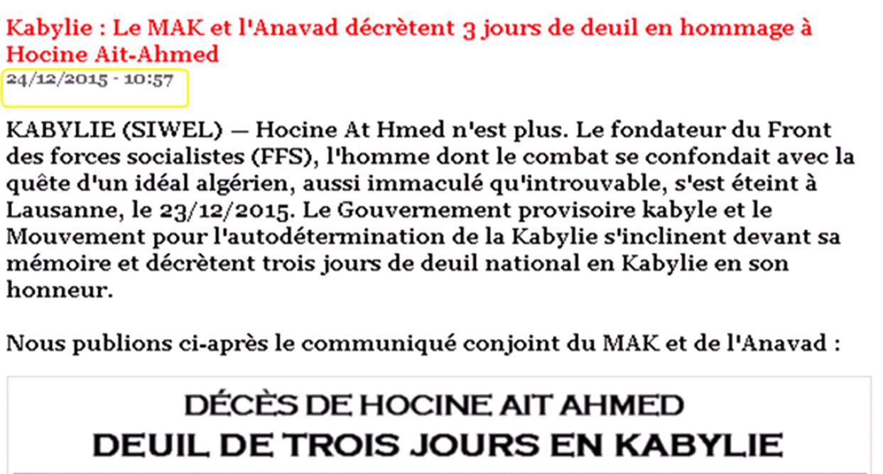 Humilié par le MAK et le GPK, Bouteflika se résout a décréter 8 jours de deuil suite au décès de Hocine Ait-Ahmed