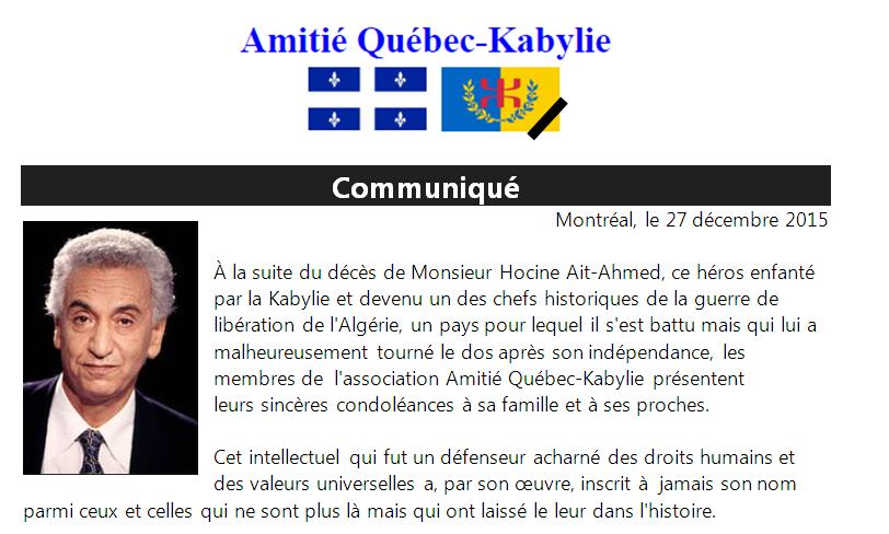 Décès de Hocine Ait-Ahmed : Communiqué de Amitié Québec-Kabylie