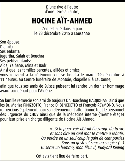 Hocine Ait Ahmed : Ses amis lui rendent un dernier hommage à Lausanne