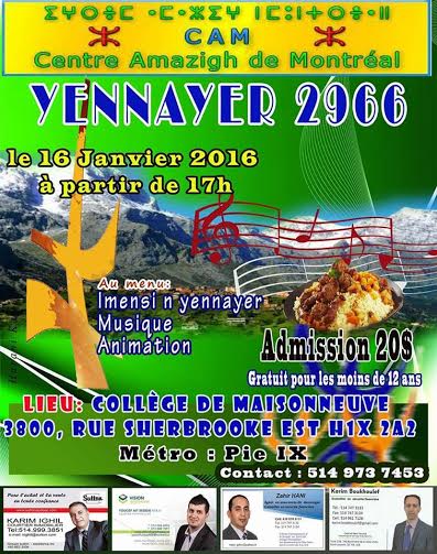 Le Centre Amazigh de Montréal célèbre Yennayer le 16 janvier 2016