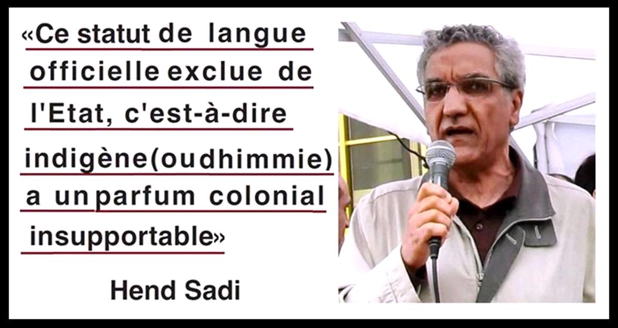 Hend Sadi : «Ce statut de langue officielle exclue de l'Etat, c'est-à-dire indigène (ou dhimmie) a un parfum colonial insupportable»