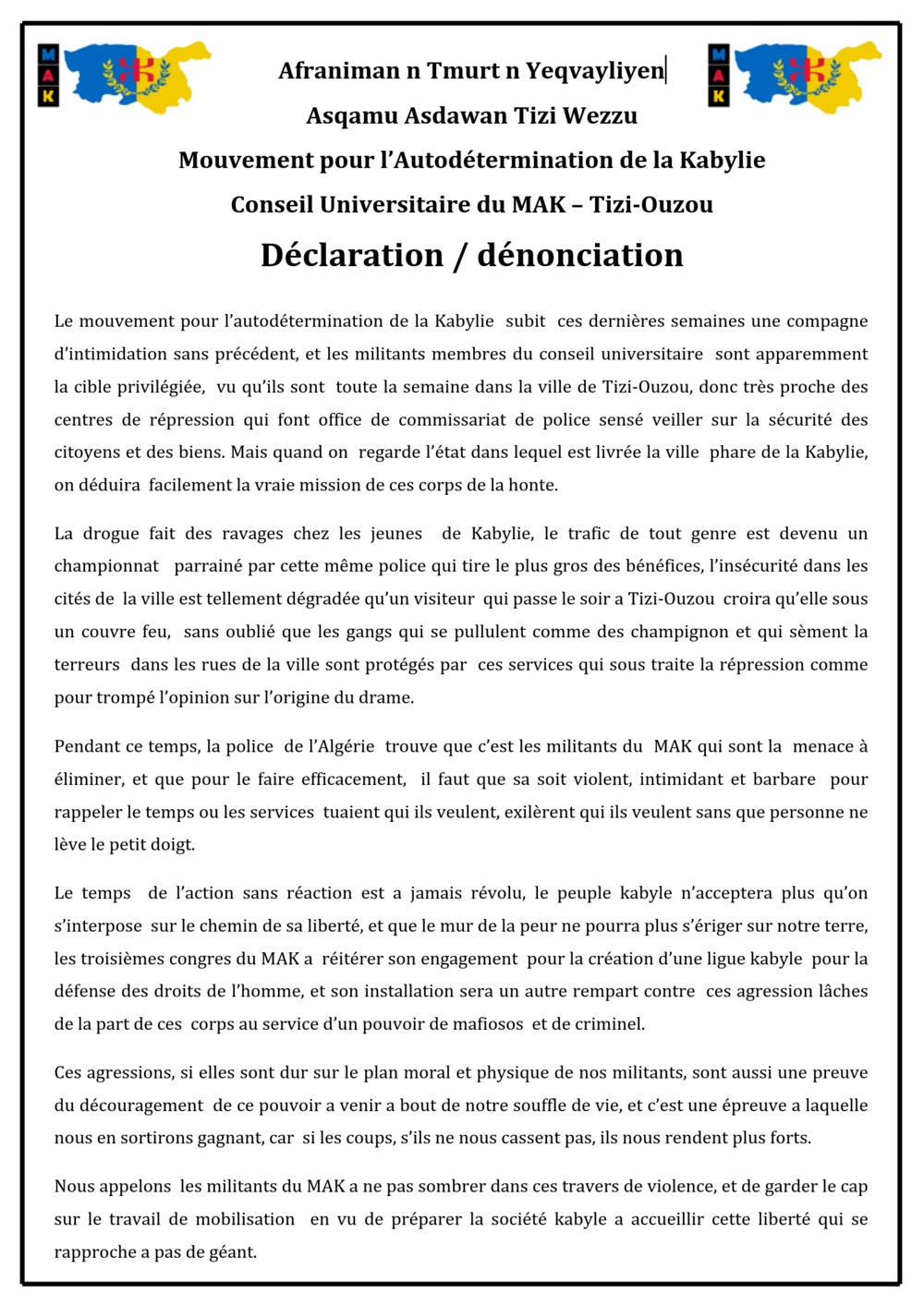 Rassemblement du Conseil universitaire de Tizi-Ouzou devant Hasnaoua : un long réquisitoire contre le régime colonial d'Alger et ses outils répressifs en Kabylie