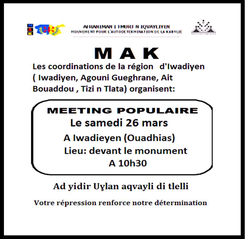 Iwadiyen (Ouadhia) : Le MAK organise un meeting populaire le samedi 26 mars à 10h30