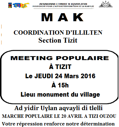 Tizit / Illilten : Le MAK organise un meeting populaire le jeudi 24 mars à 15h