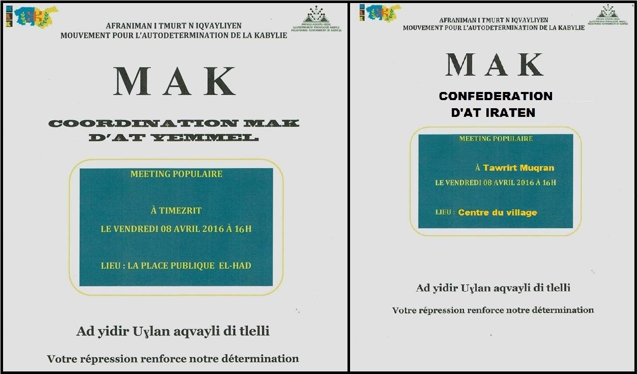 Le MAK organise deux meetings populaires ce vendredi à Tawrirt Muqran (Larevâa n At Iraten) et Timezrit (At Yemmel)