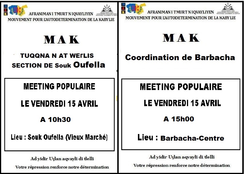 Le MAK organise deux meetings populaires ce vendredi à Ssuq Ufella (10h30) et Ibarbacen (15h)