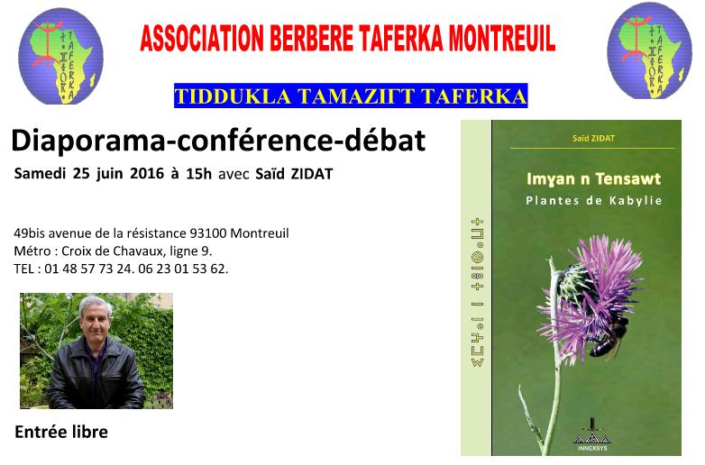 Samedi 25 juin : L'association berbère Taferka de Montreuil organise une conférence-débat avec l'auteur du livre 