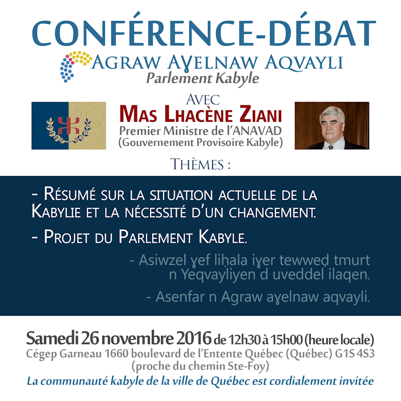 Projet de Parlement Kabyle : Conférence du Premier Ministre kabyle le 26 novembre