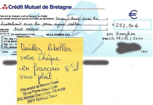 Refus d'un chèque rédigé en breton Refus d'un chèque rédigé en breton
