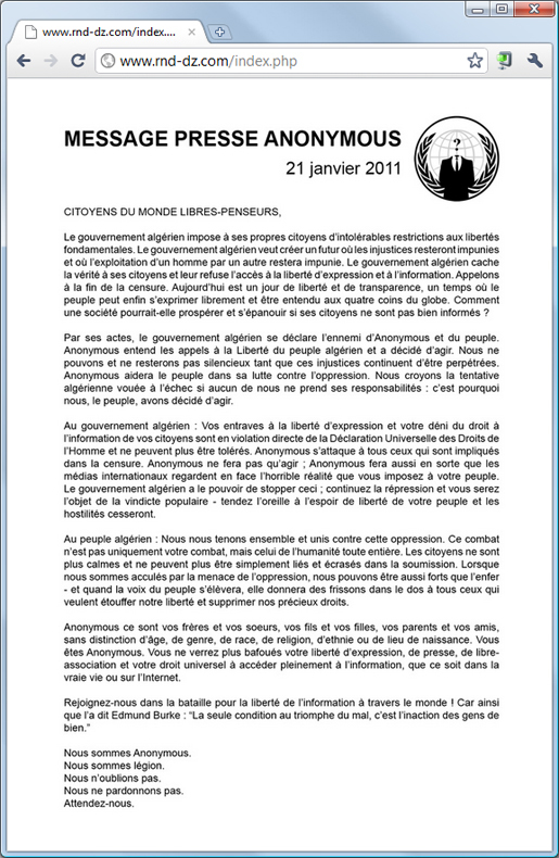 Le site internet du parti du 1er ministre algérien frappé par The Anonymous Le site internet du parti du 1er ministre algérien frappé par The Anonymous