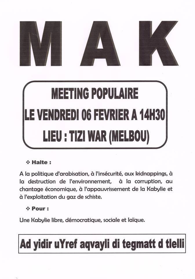 MAK : Meeting populaire le 06 février à Tizi War (Melbou) à 14h30
