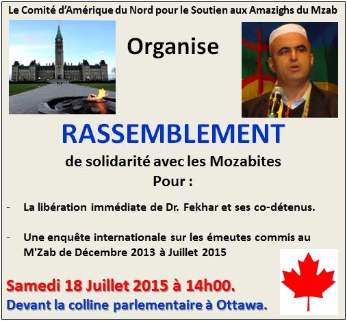 Rassemblement de solidarité avec les Mozabites Devant la colline parlementaire à Ottawa: Samedi 18 Juillet 2015 à 14h00.