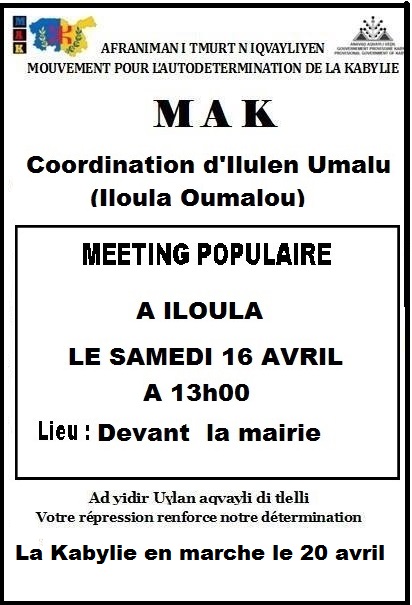MAK : Meeting populaire le samedi 16 avril à Illulen Umalu (Iloula Oumalou)