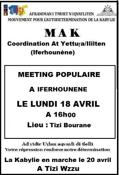 MAK : Meeting populaire le 18 avril à Iferhunen