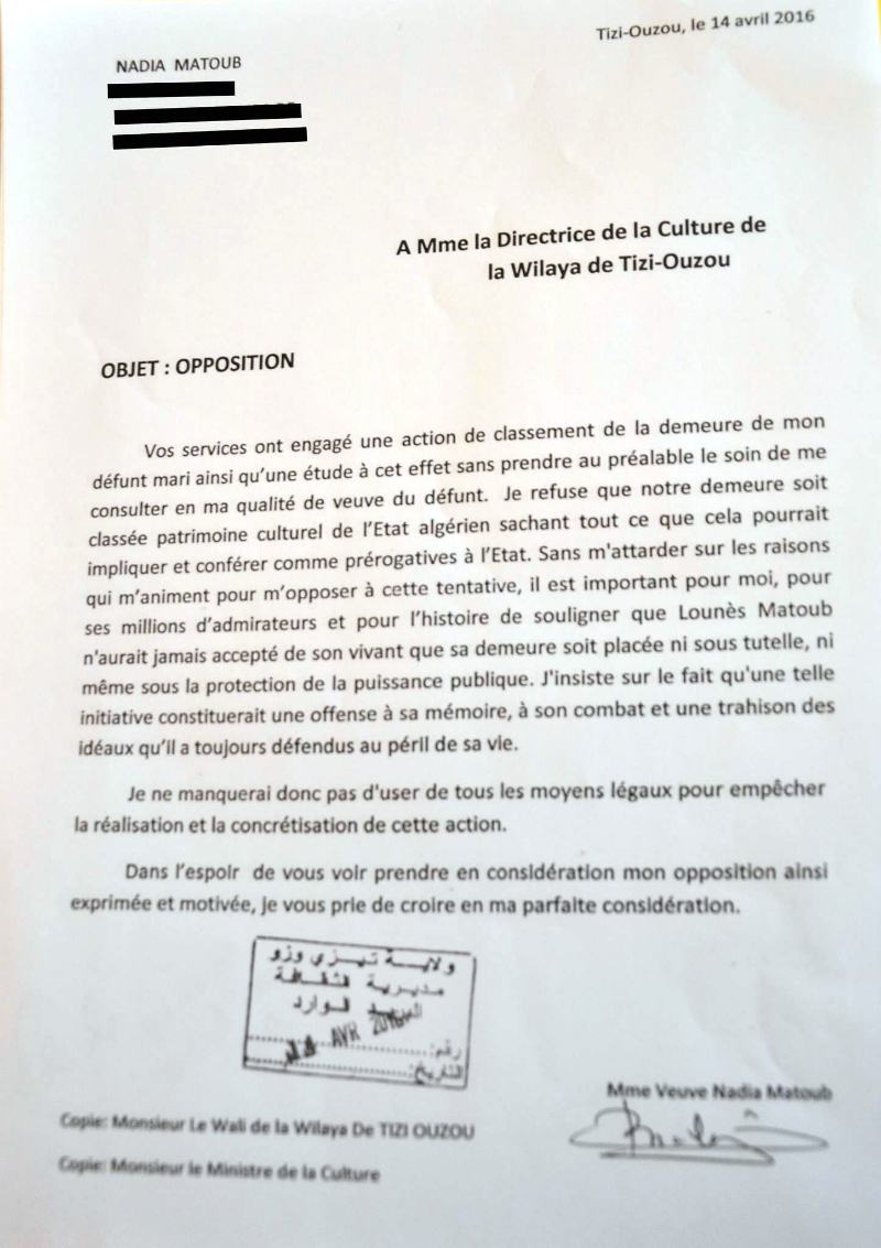 Document : Nadia Matoub écrit à la directrice de la culture de Tizi-Ouzou